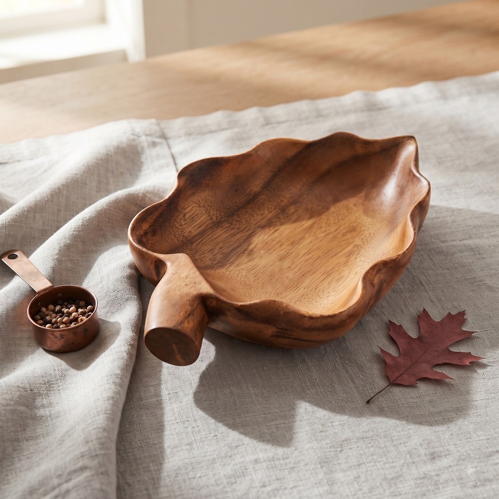 Waikiki Woods Monkey Pod Wood Leaf Shaped Bowl Hand Carved Philippines Vintage